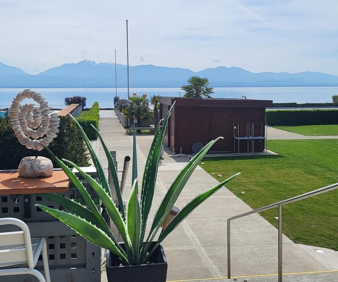 Terrasse de pierre et jardin entretenus, avec le lac et les montagnes en arrière-plan